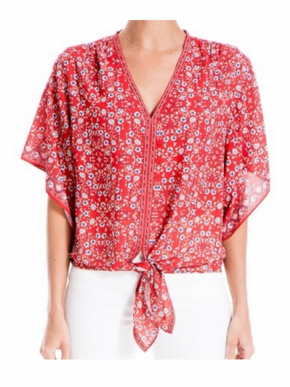 Max Studio Women’s Red Floral Tie-Front Top